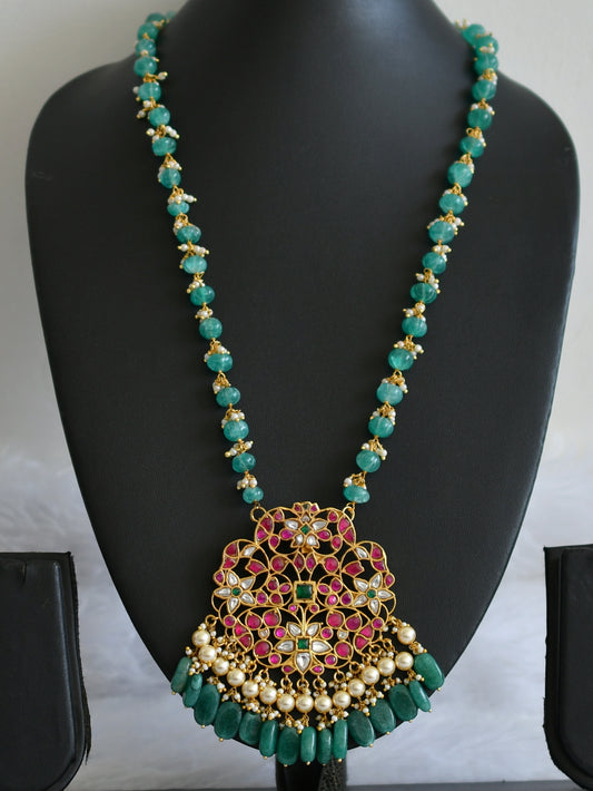 Gold tone pink-green-white kundan jadau pumpkin green beaded flower haar dj-50023