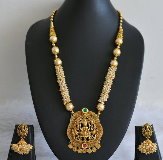 Antique gold tone pink-green pearl cluster lakshmi short haar set dj-50031