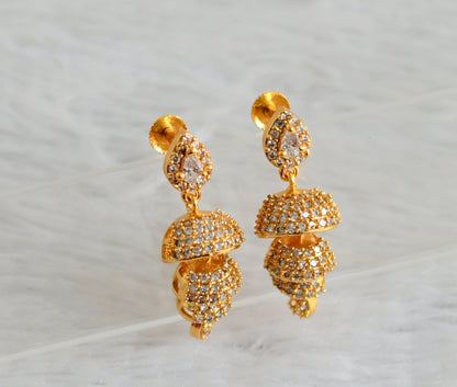 Gold tone white stone step jhumkka dj-48042