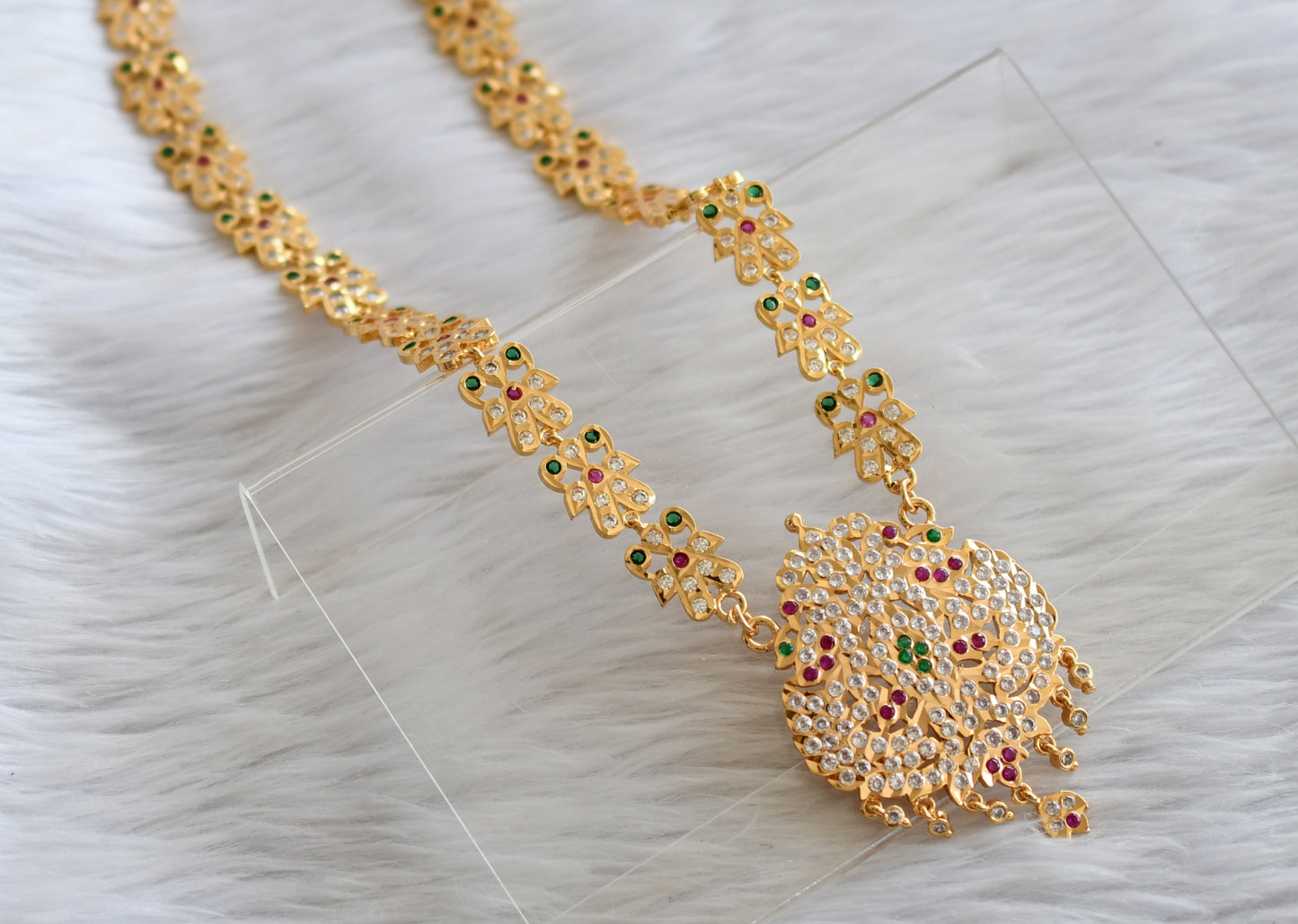 Gold tone ad pink-green-white peacock south indian haar dj-44633