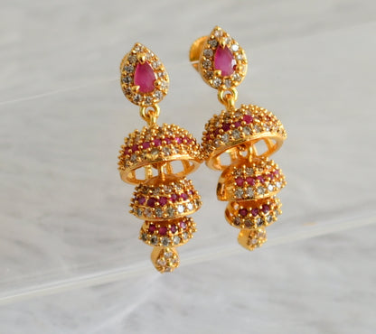 Gold tone ruby-white stone jhumkka dj-48040