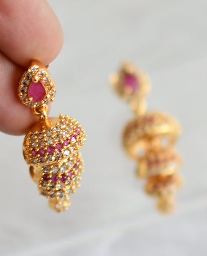 Gold tone ruby-white stone jhumkka dj-48040