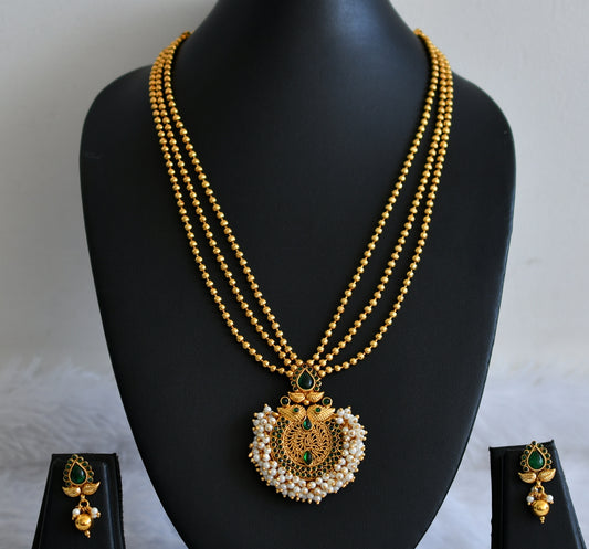 Antique gold tone green stone pearl cluster short haar set dj-50032