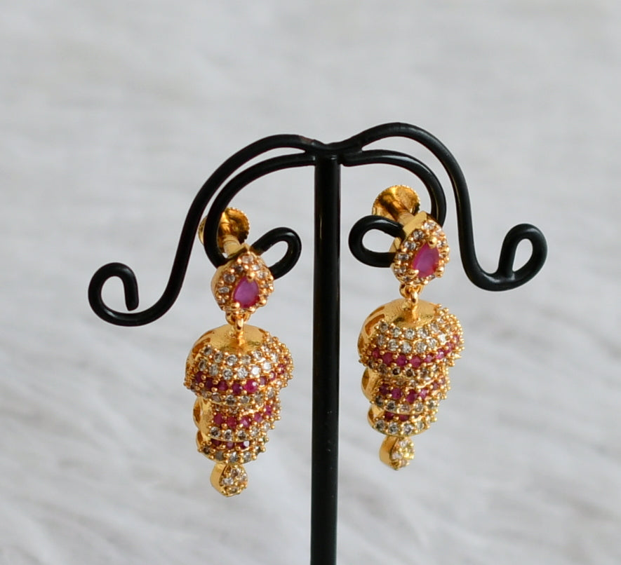 Gold tone ruby-white stone jhumkka dj-48040