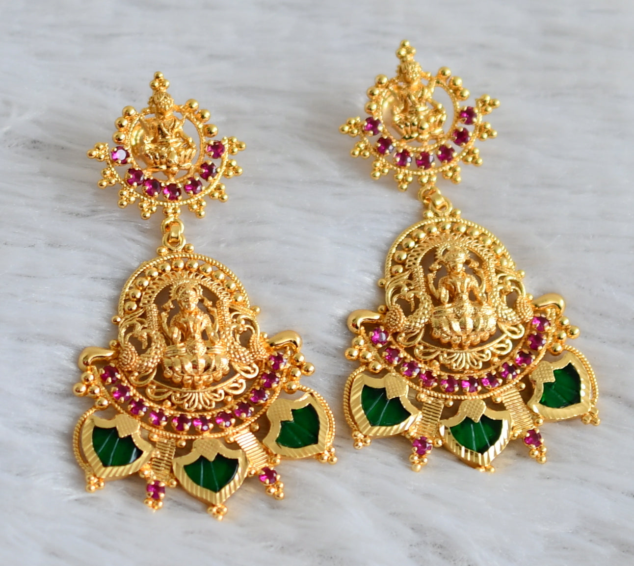 Gold tone kerala style pink-green big palakka lakshmi earrings dj-48033