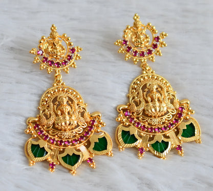 Gold tone kerala style pink-green big palakka lakshmi earrings dj-48033