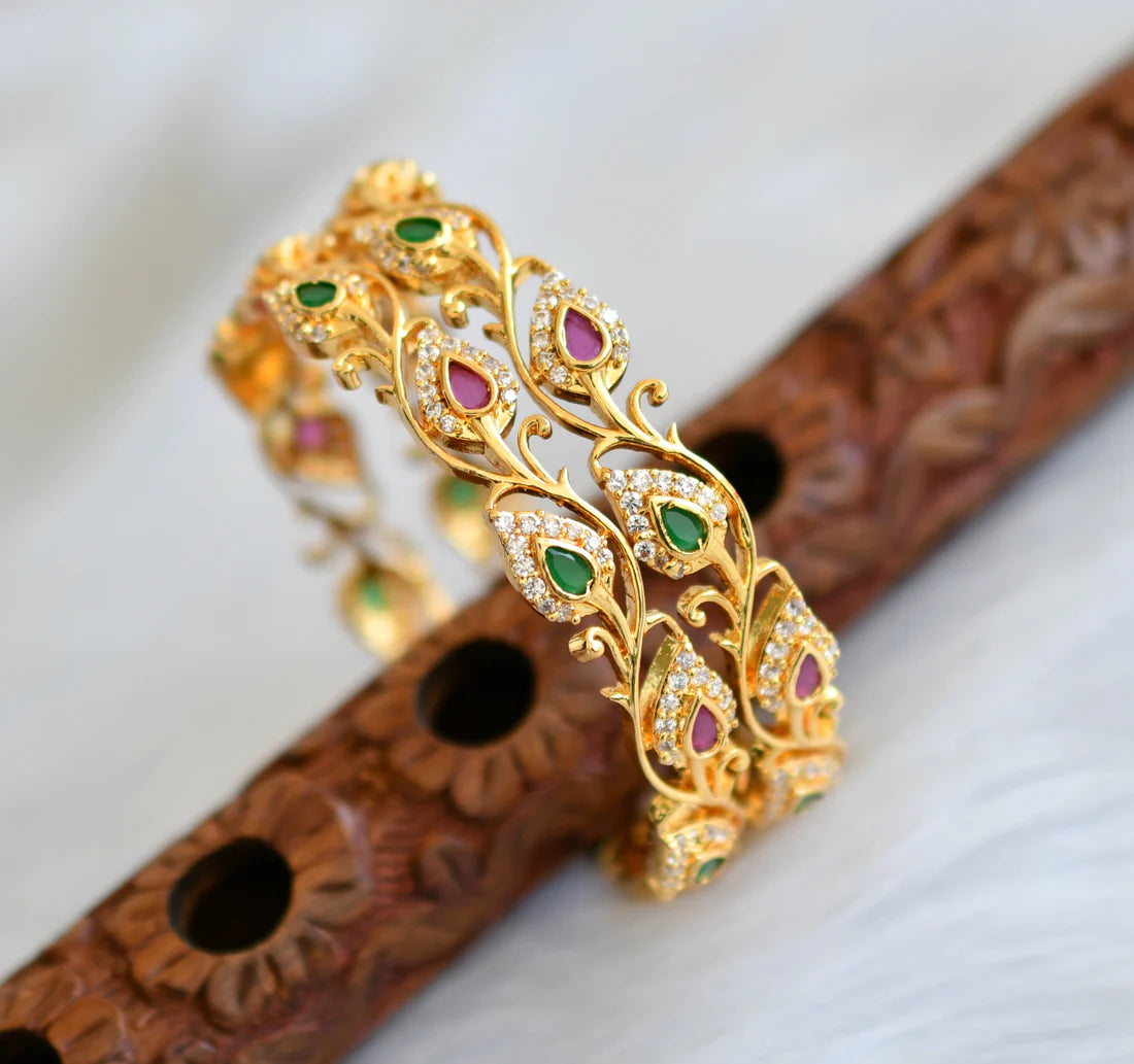 Gold tone ruby-emerald-white stone mango bangles(2.10) dj-44872