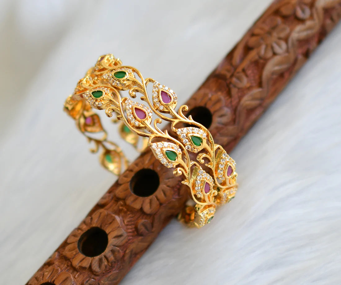 Gold tone ruby-emerald-white stone mango bangles(2.10) dj-44872