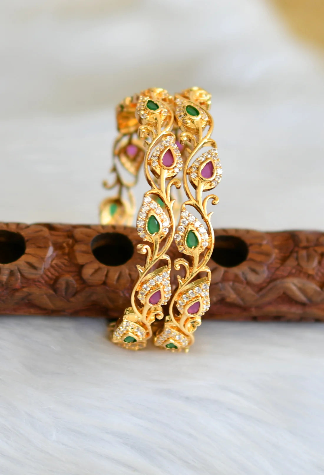 Gold tone ruby-emerald-white stone mango bangles(2.10) dj-44872