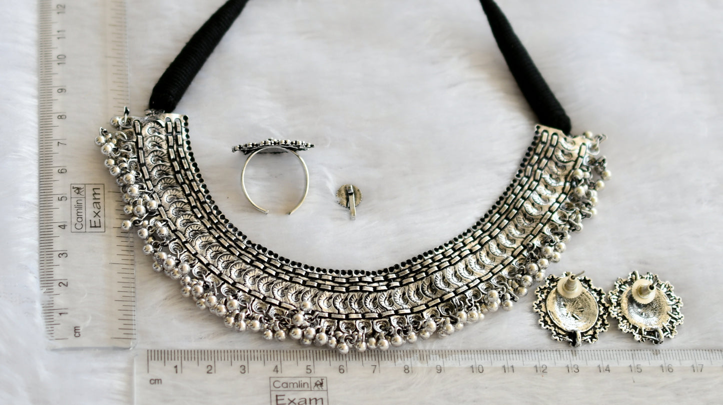 Silver tone black thread necklace combo set dj-46436