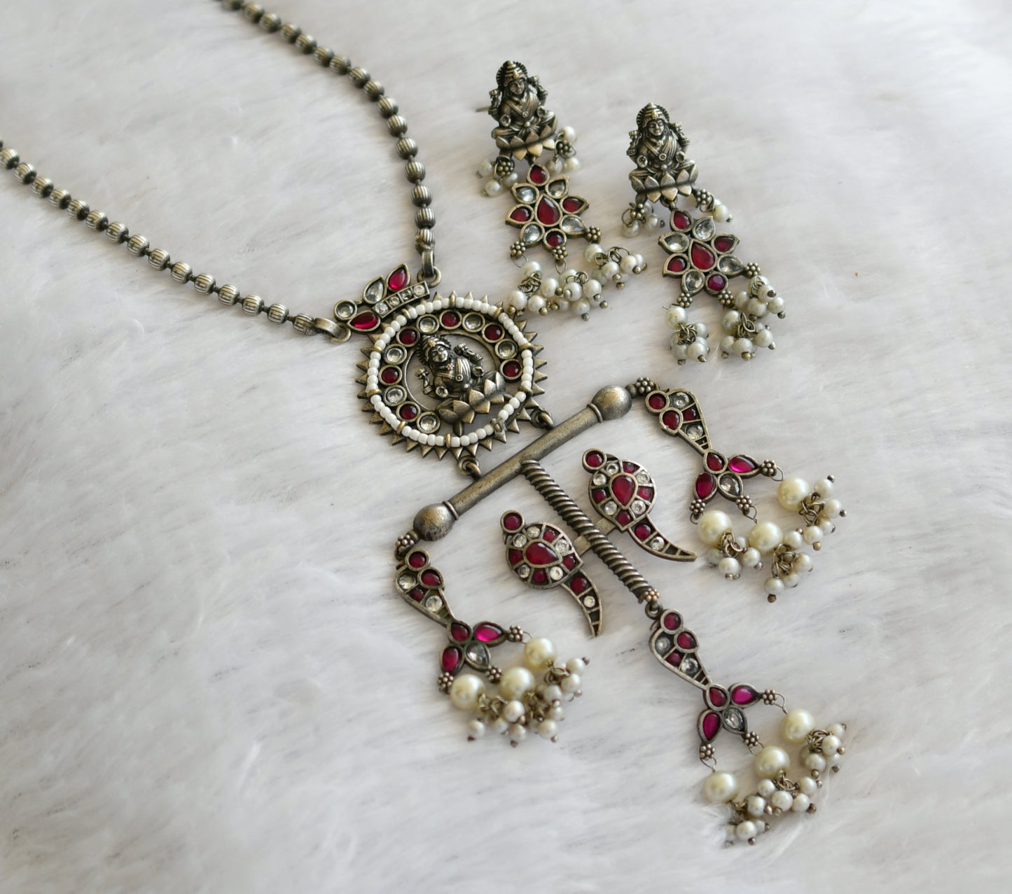 Silver tone ruby-white-pearl lakshmi peacock haar set dj-46452