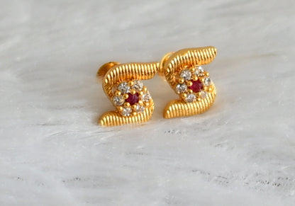 Gold tone ruby-white flower earrings dj-48201