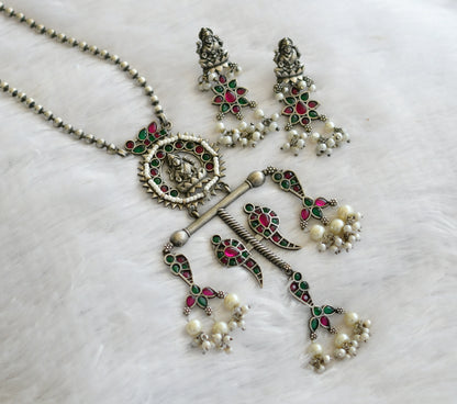 Silver tone ruby-green-pearl lakshmi peacock haar set dj-46451