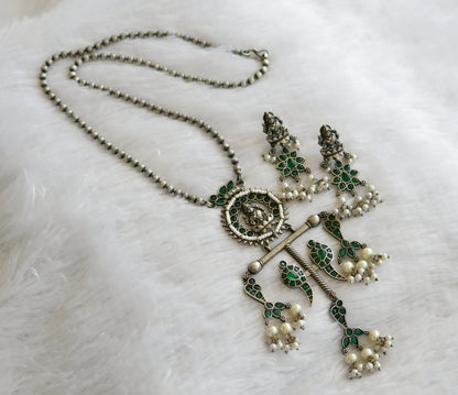 Silver tone green-pearl lakshmi peacock haar set dj-46450