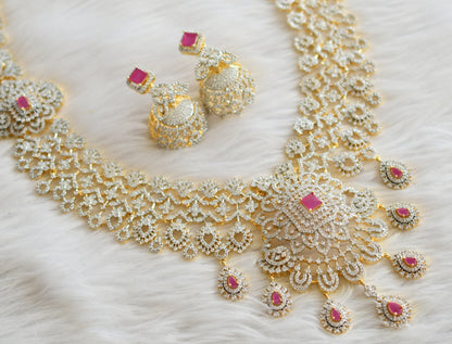 Two tone cz white-ruby block stone bridal necklace set dj-44643