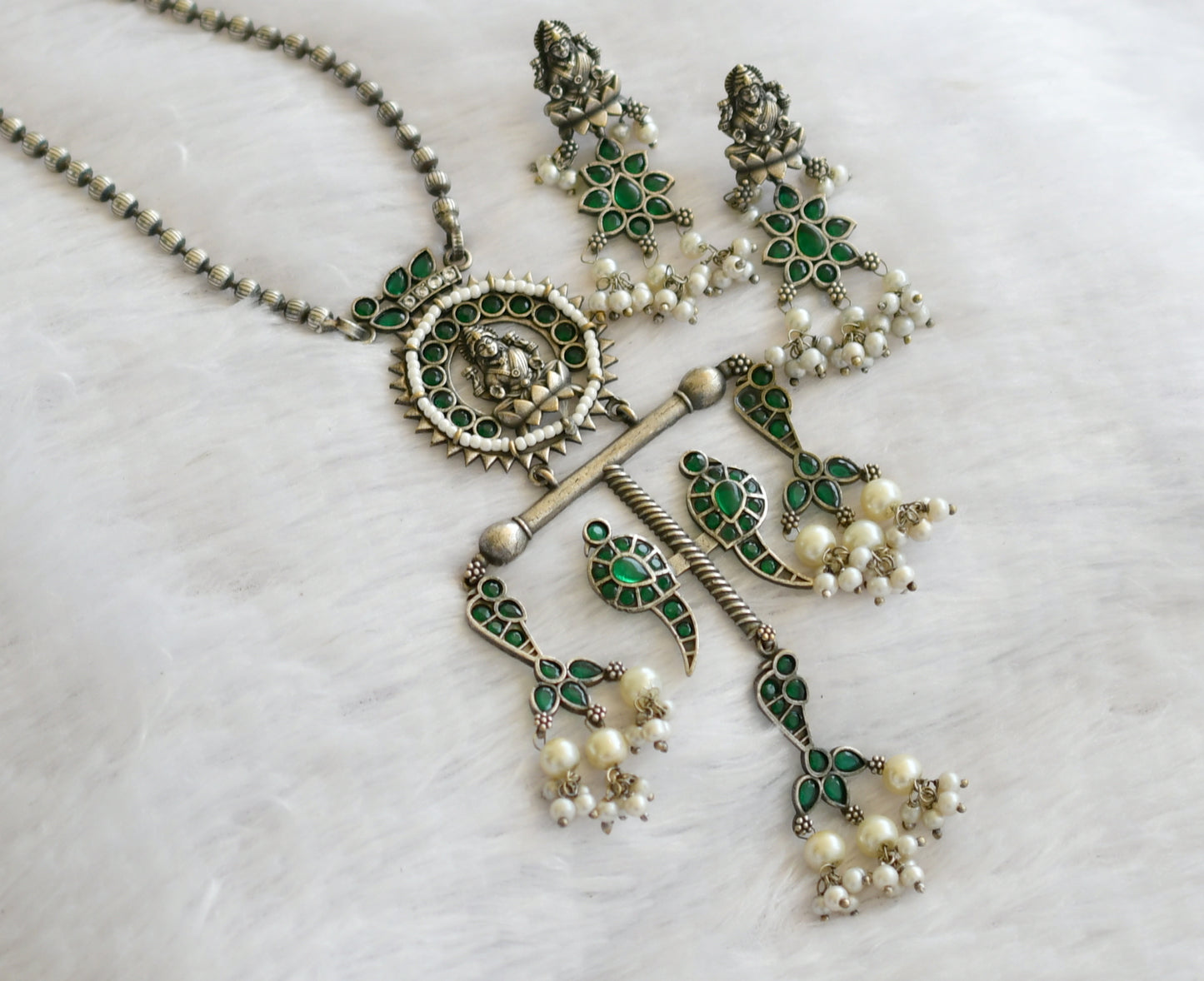 Silver tone green-pearl lakshmi peacock haar set dj-46450