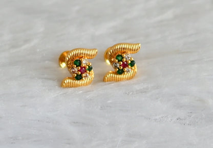 Gold tone ruby-green-white flower earrings dj-48199