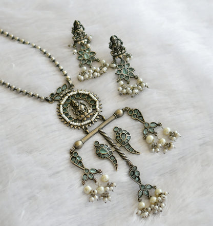 Silver tone sea green-pearl lakshmi peacock haar set dj-46454