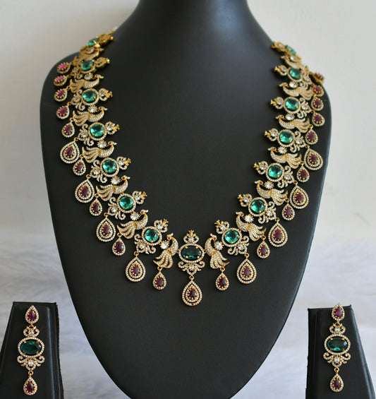 Antique gold tone cz pink-sea green peacock victorian short haar set dj-50049