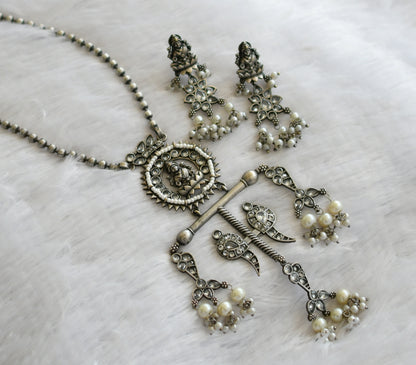 Silver tone white-pearl lakshmi peacock haar set dj-46447