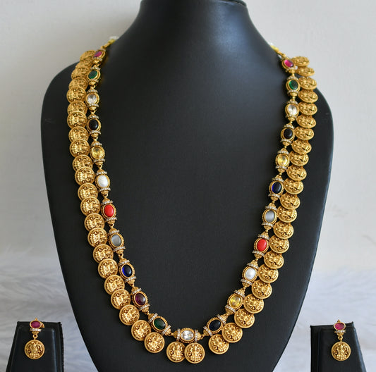 Matte finish cz navarathna oval stone lakshmi coin short haar set dj-50041