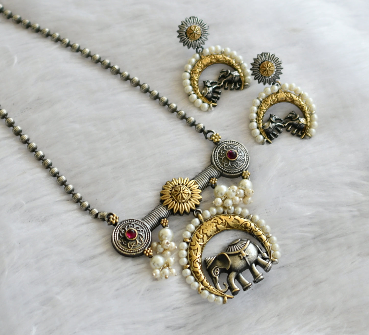 Two tone pearl pink stone elephant pendant set dj-46441