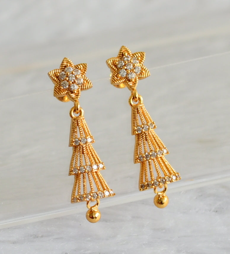 Gold tone cz white long flower earrings dj-48183