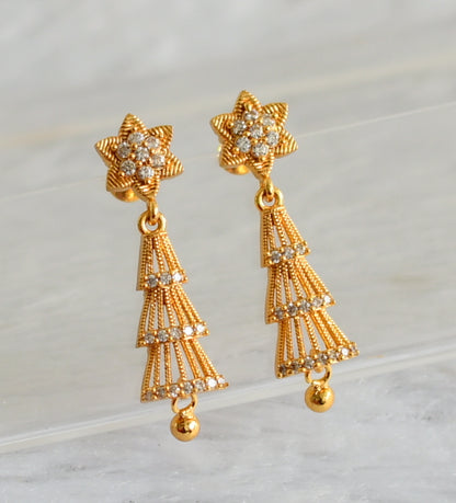 Gold tone cz white long flower earrings dj-48183