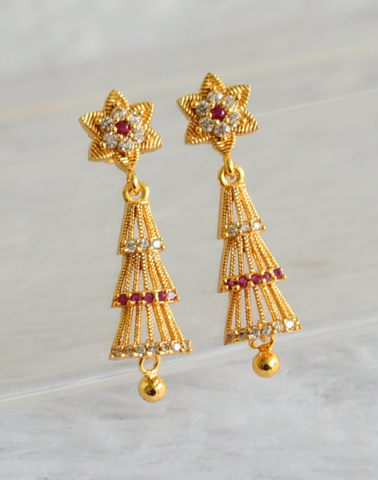 Gold tone ruby-white long flower earrings dj-48182