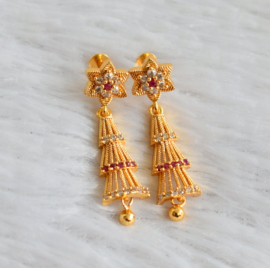 Gold tone ruby-white long flower earrings dj-48182