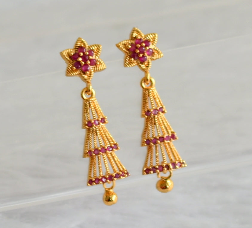 Gold tone ruby long flower earrings dj-48187