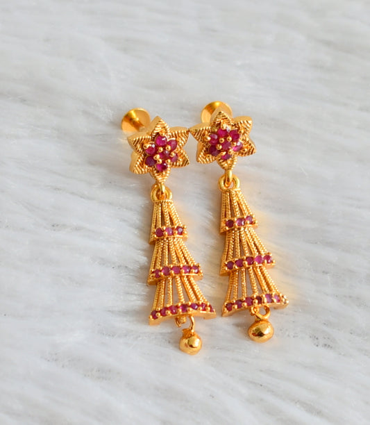 Gold tone ruby long flower earrings dj-48187