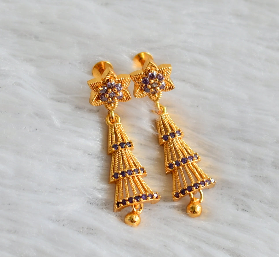 Gold tone purple long flower earrings dj-48186