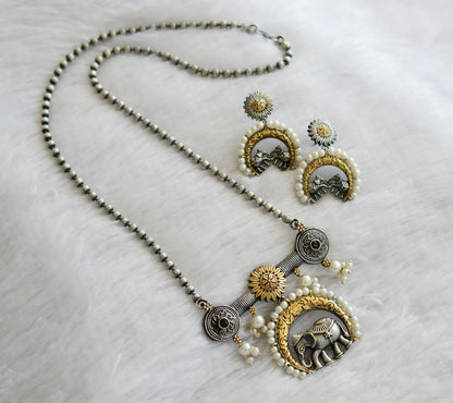 Two tone pearl black stone elephant pendant set dj-46438