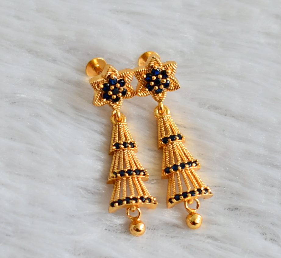 Gold tone blue long flower earrings dj-48188