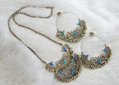 Silver tone blue stone peacock haar set dj-46444