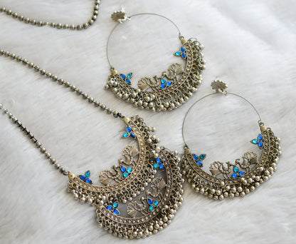 Silver tone blue stone peacock haar set dj-46444