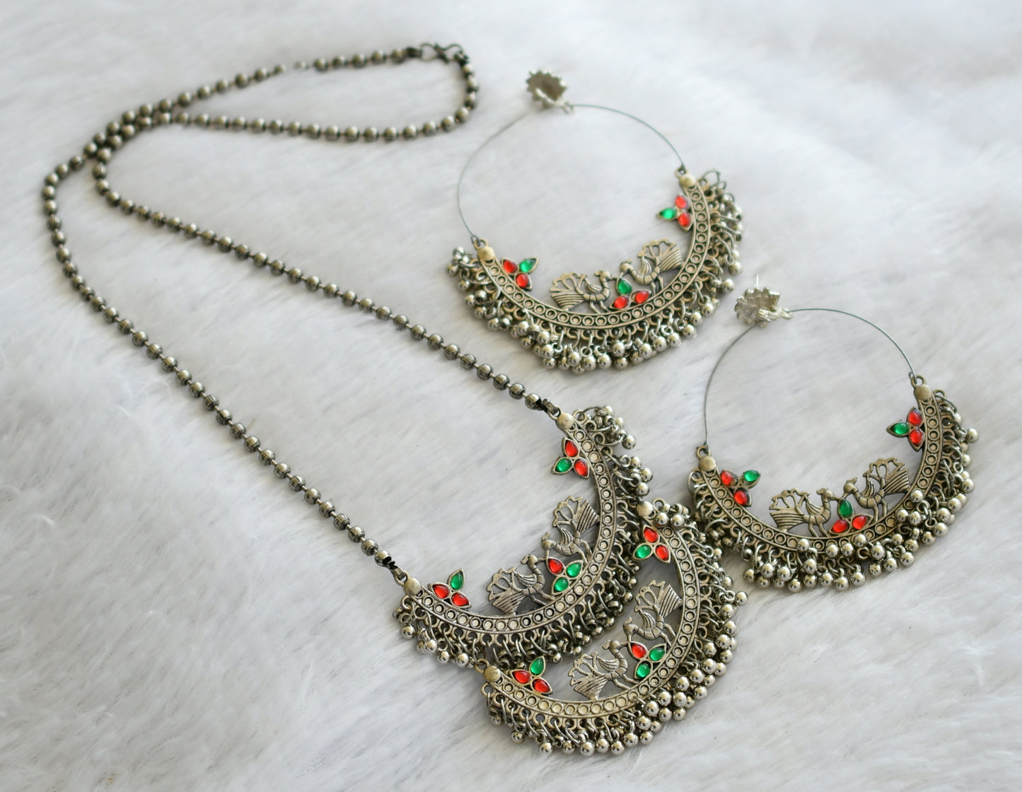 Silver tone red-green stone peacock haar set dj-46446