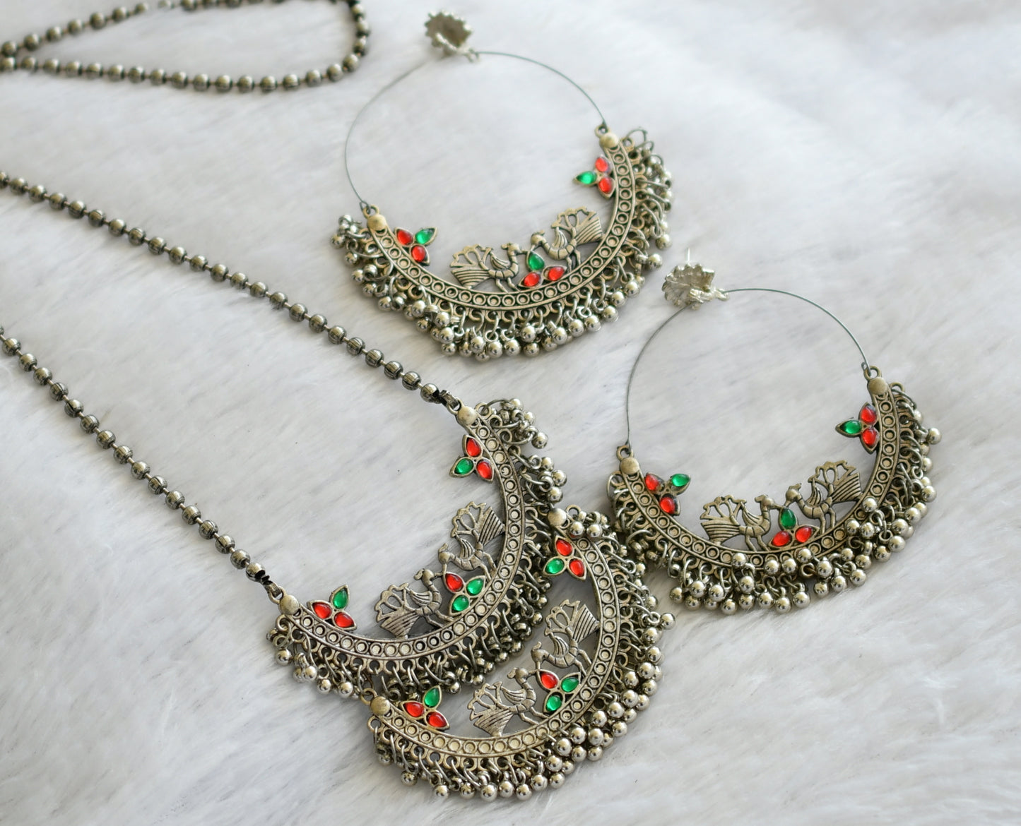 Silver tone red-green stone peacock haar set dj-46446