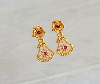 Gold tone ruby stone flower earrings dj-48178