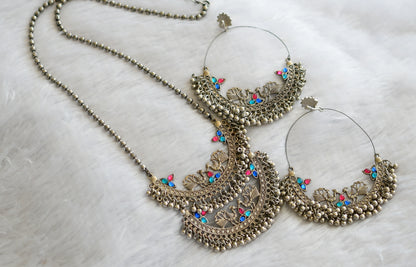 Silver tone pink-blue stone peacock haar set dj-46445