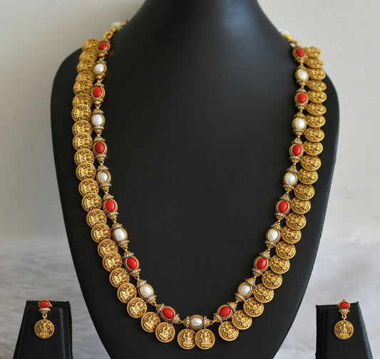 Matte finish cz coral-pearl oval stone lakshmi coin short haar set dj-50042