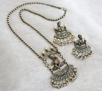 Silver tone baby pink-sea green-pearl ganesha haar set dj-46457