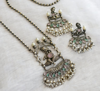 Silver tone baby pink-sea green-pearl ganesha haar set dj-46457