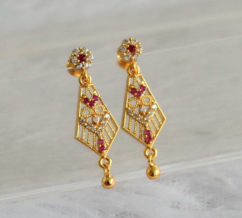 Gold tone ruby-white long earrings dj-48193