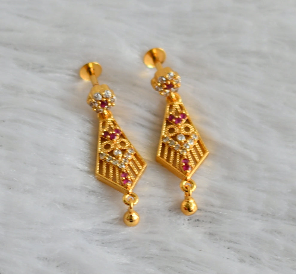 Gold tone ruby-white long earrings dj-48193