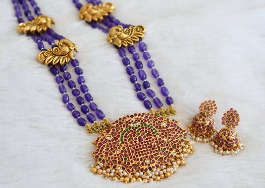 Matte finish kemp-green-white pearl cluster shiva ling peacock purple beaded haar set dj-50051