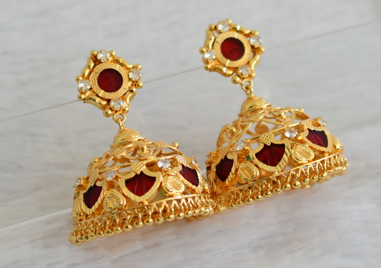 Gold tone big palakka red jhumkka dj-27040