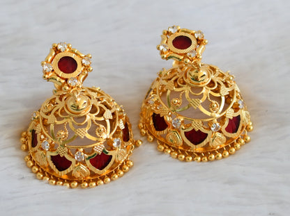 Gold tone big palakka red jhumkka dj-27040