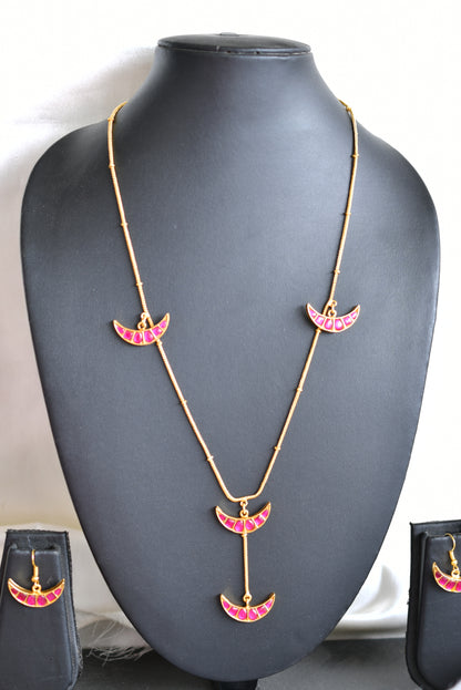 Gold tone pink kundan jadau moon chain/necklace set dj-43153